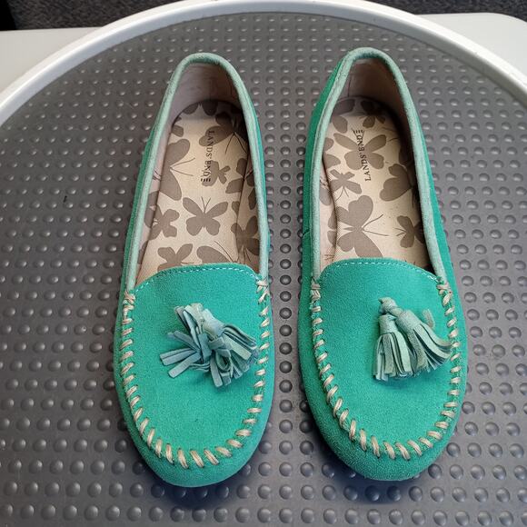 Lands' End Women Suede Moccasin Slip on Loafers Green - Picture 2 of 6